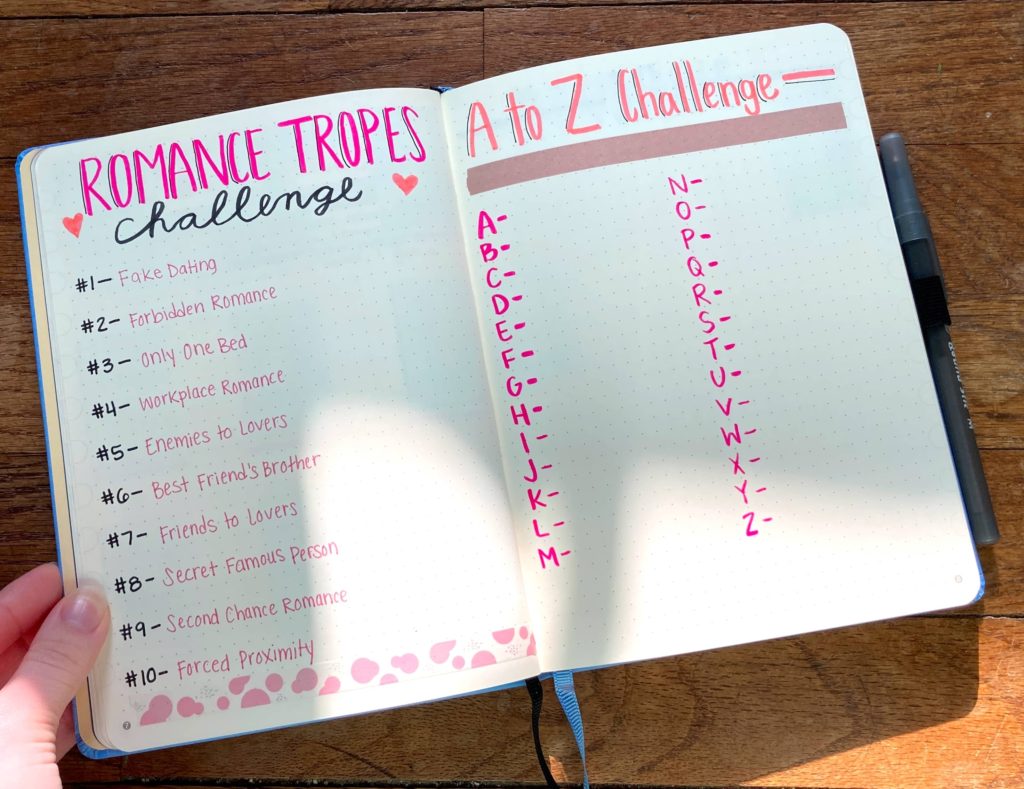 book journal pages romance tropes and a to z challenge